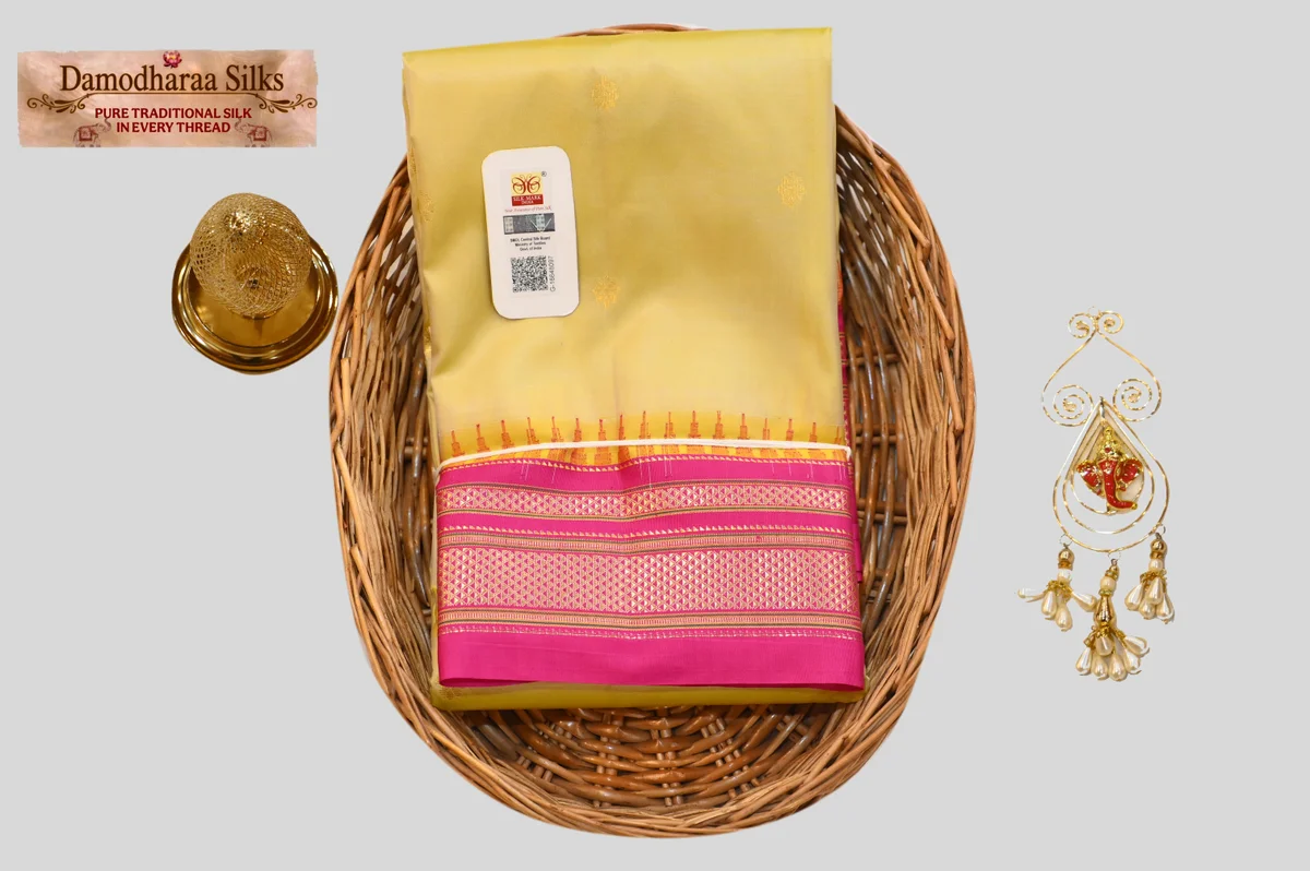 Elegant Golden Yellow Silk Saree with Pink Zari Border