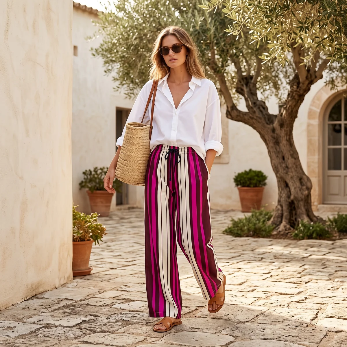 Magenta and burgundy striped palazzo pants paired with a white shirt outdoors