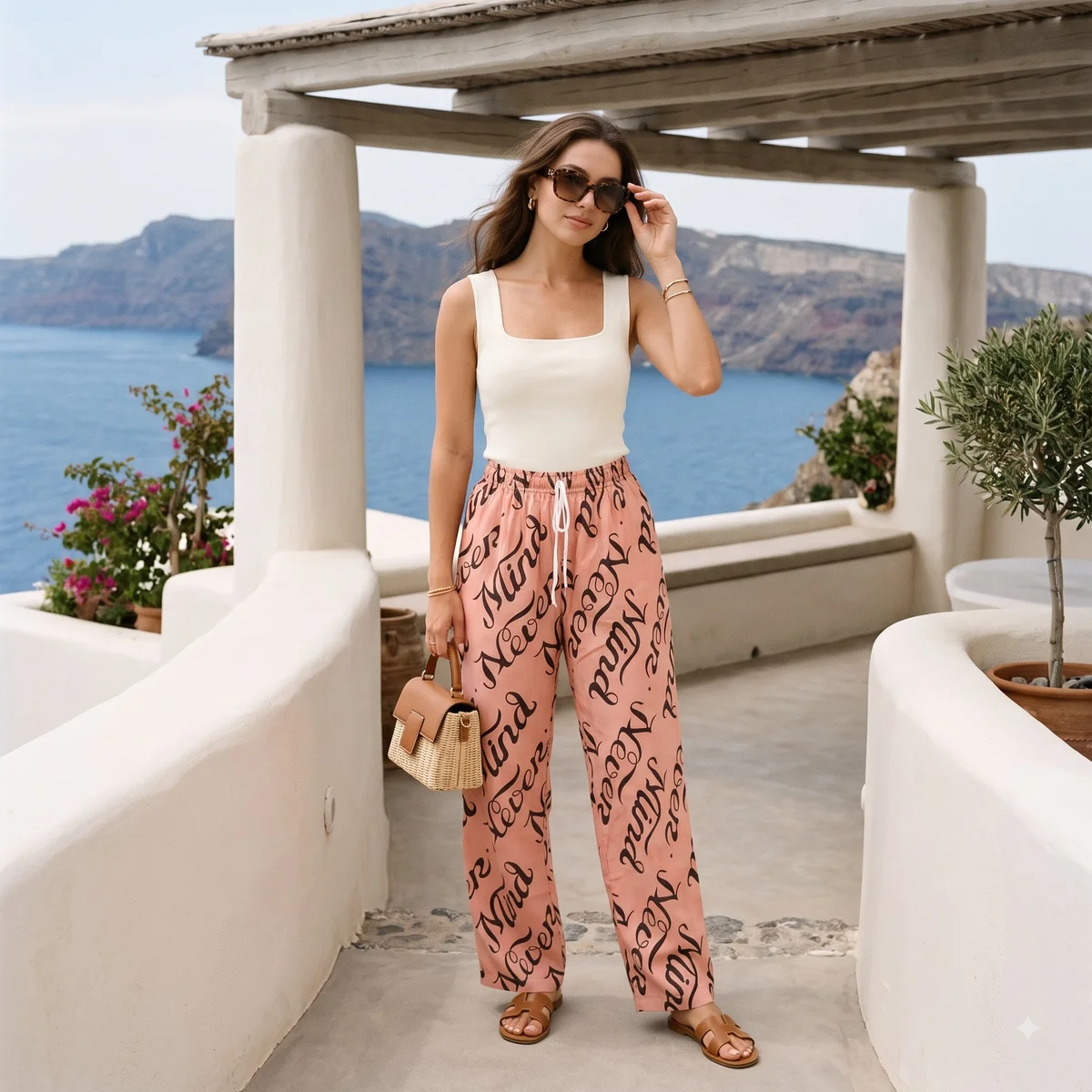Women's Peach & Black Typography Printed Elastic Waist Palazzo Pants 3