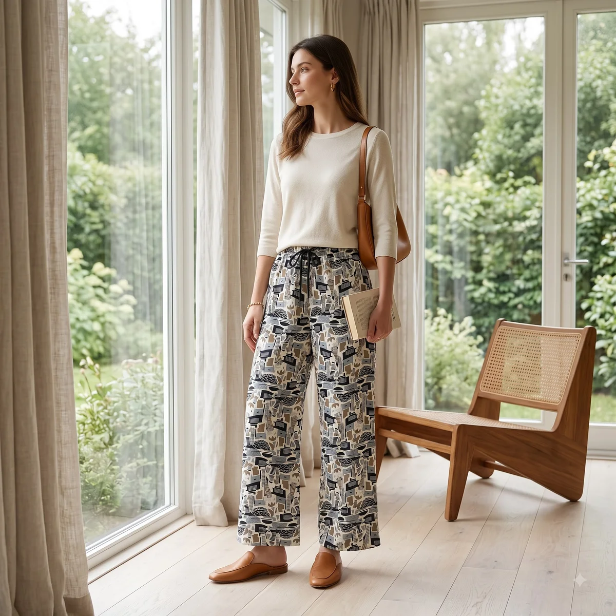Woman wearing beige abstract print palazzo pants with a light top indoors