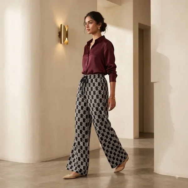 Black Printed Wide Leg Palazzo Pants For Women 3