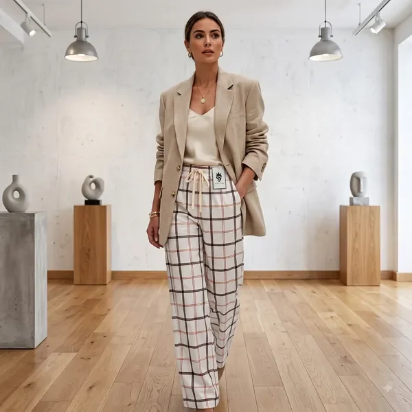 Cream Plaid Wide Leg Trousers For Women