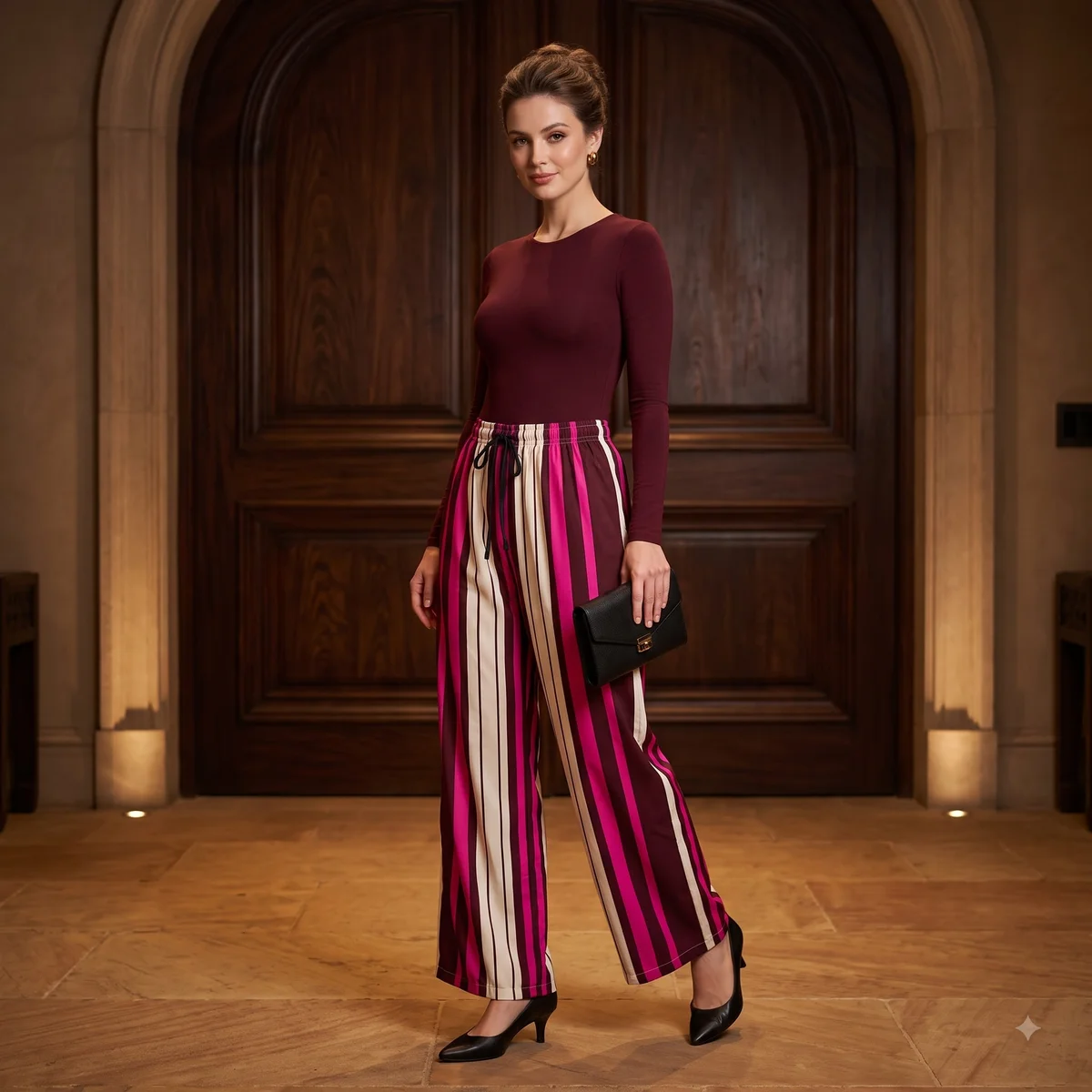Magenta and burgundy striped palazzo pants styled with a burgundy top indoors