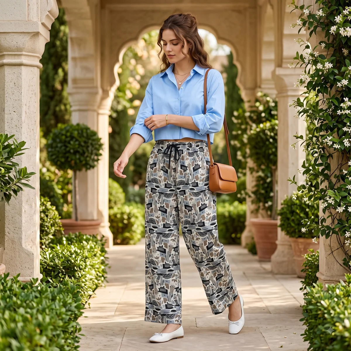 Beige abstract print palazzo pants paired with a blue shirt in a garden