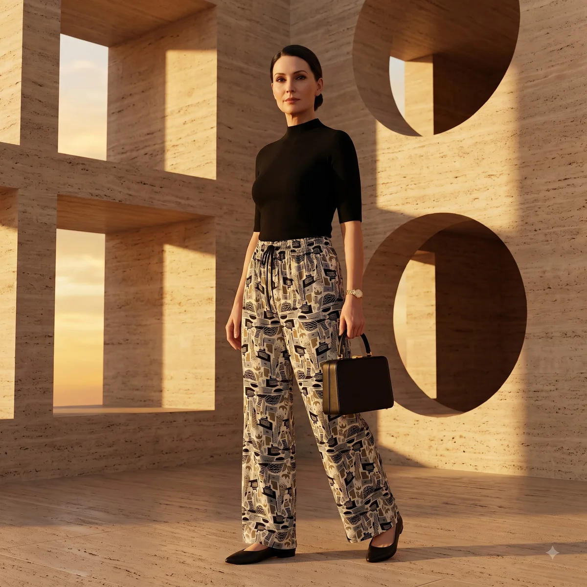 Woman wearing beige and black abstract palazzo pants with a black top indoors