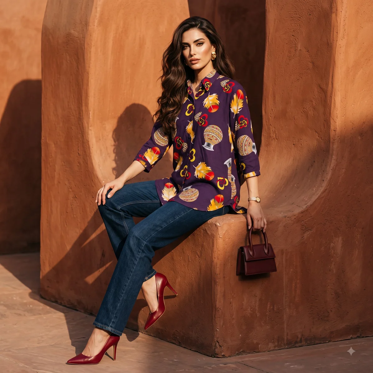Women's Deep Purple Multicolour Artistic Motif Printed Shirt | Premium Casual & Office Wear 5
