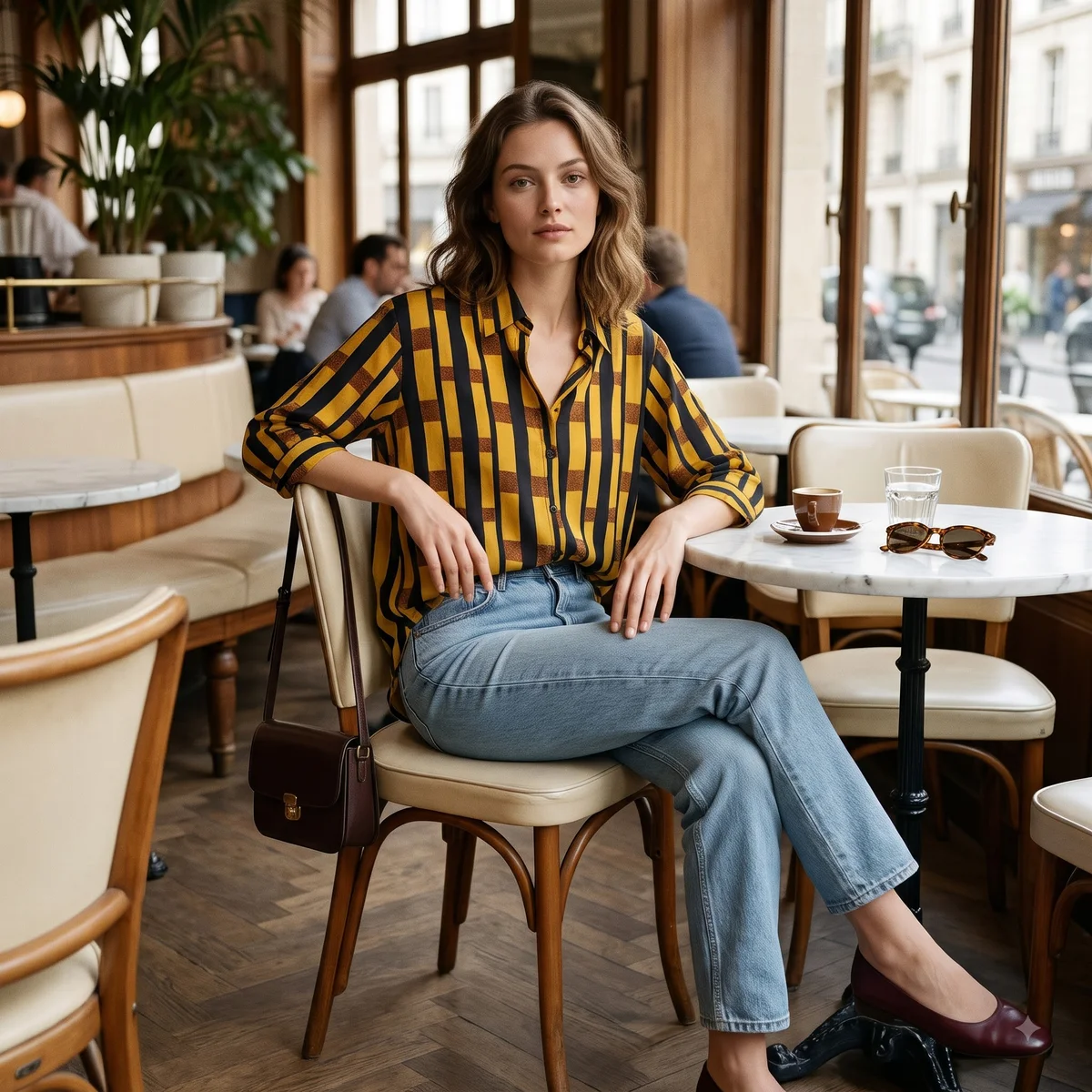 Women's Yellow & Black Geometric Block Striped Shirt 2