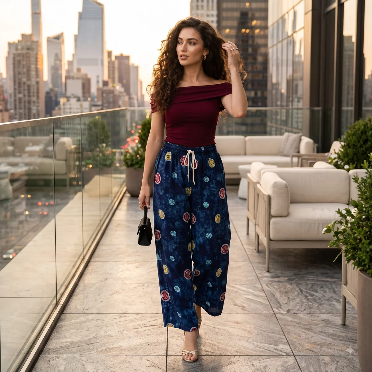 Women's Navy Blue & Indigo Printed Wide-Leg Drawstring Palazzo Trousers 3