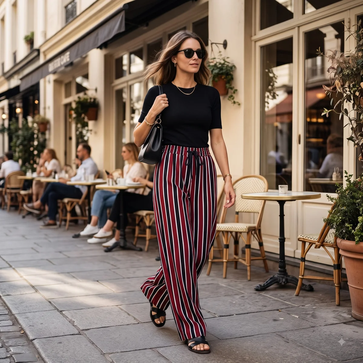Women's Maroon & Black Vertical Striped Palazzo Trousers