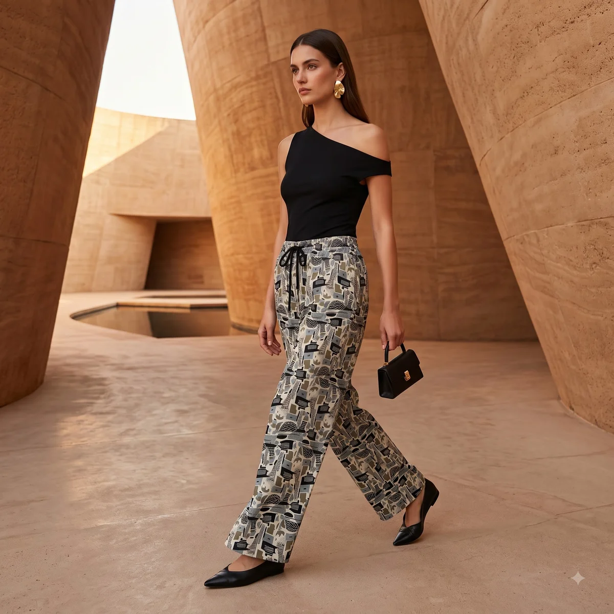 Beige abstract printed palazzo pants styled with a black top in a courtyard