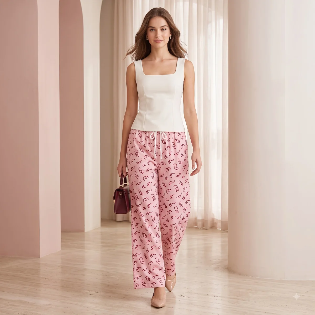 Woman wearing baby pink script print palazzo pants with a white sleeveless top
