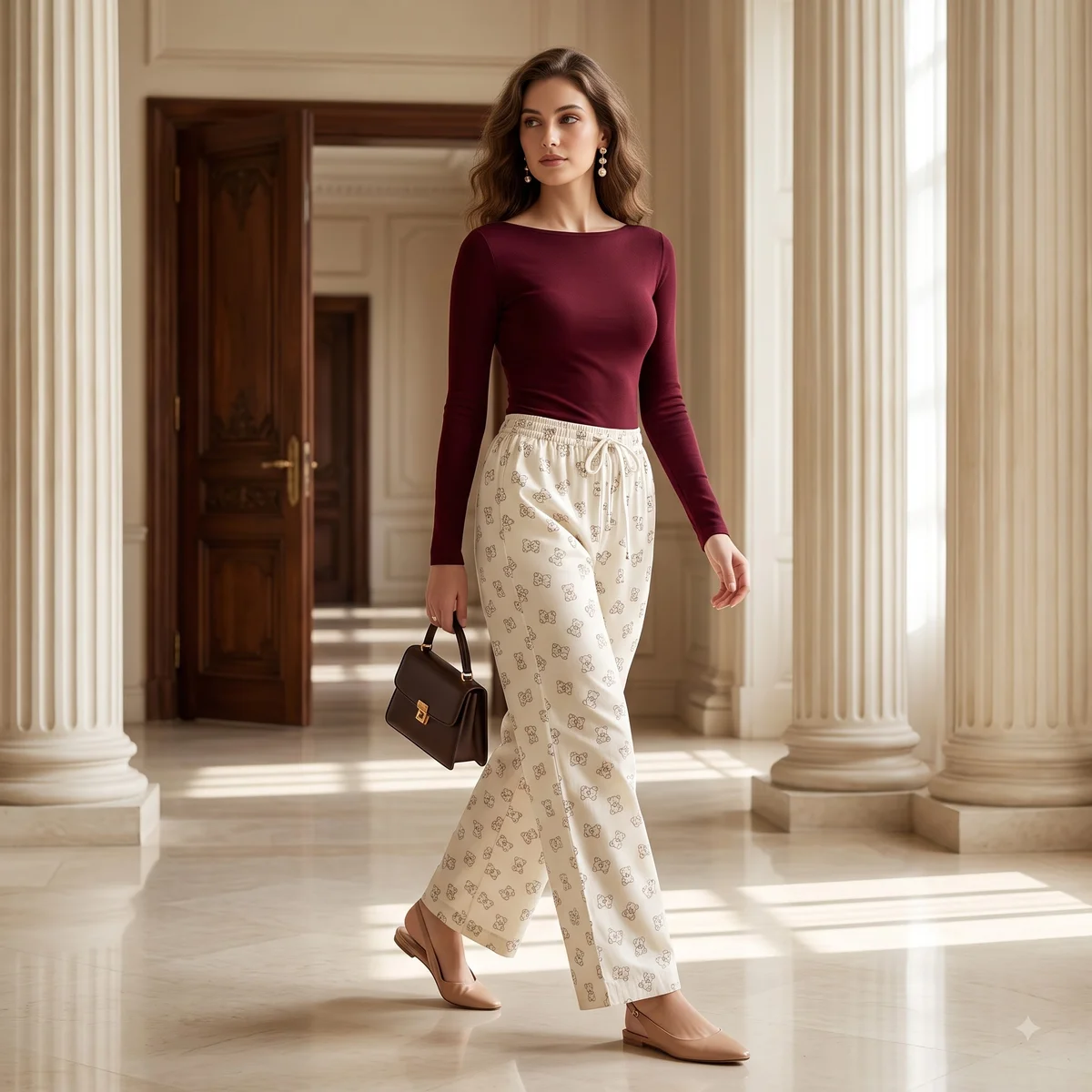 Woman wearing ivory cream floral palazzo pants with a burgundy top