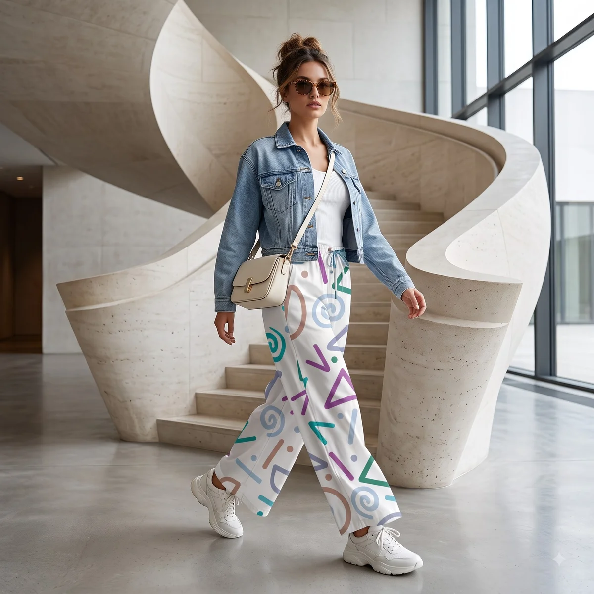 White pastel geometric print palazzo pants styled with a blue jacket indoors