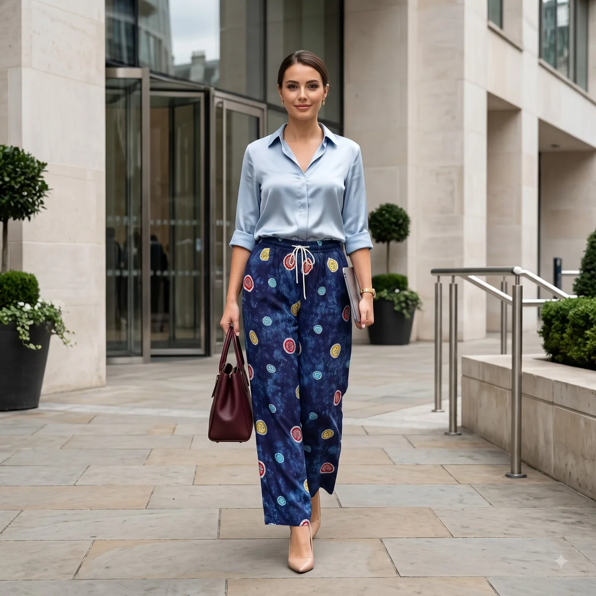 Women's Navy Blue & Indigo Printed Wide-Leg Drawstring Palazzo Trousers