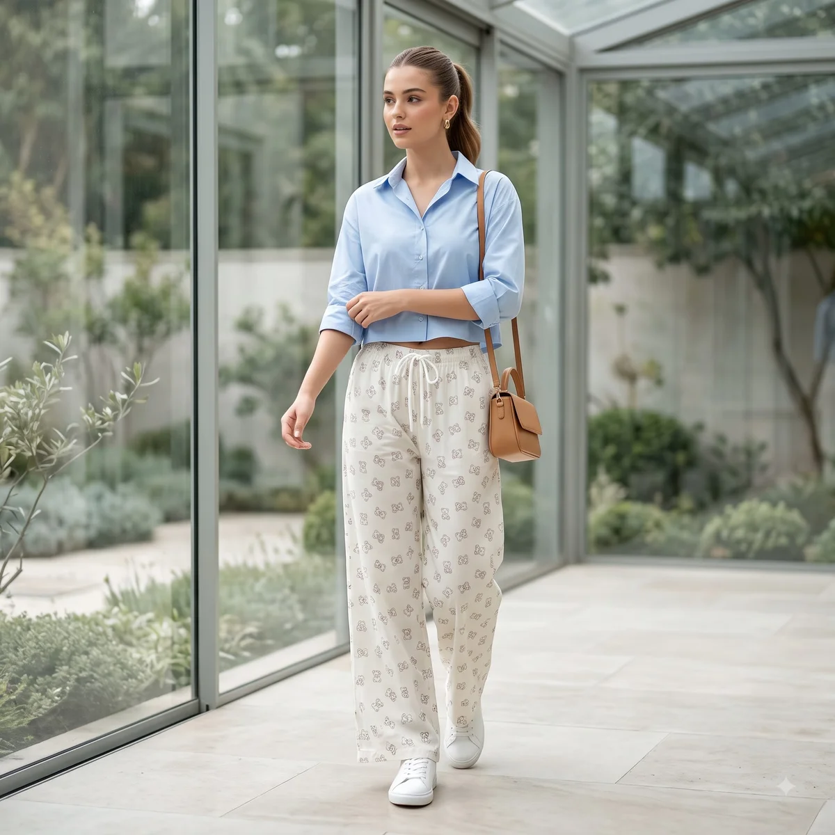 Ivory cream floral palazzo pants styled with a blue top outdoors