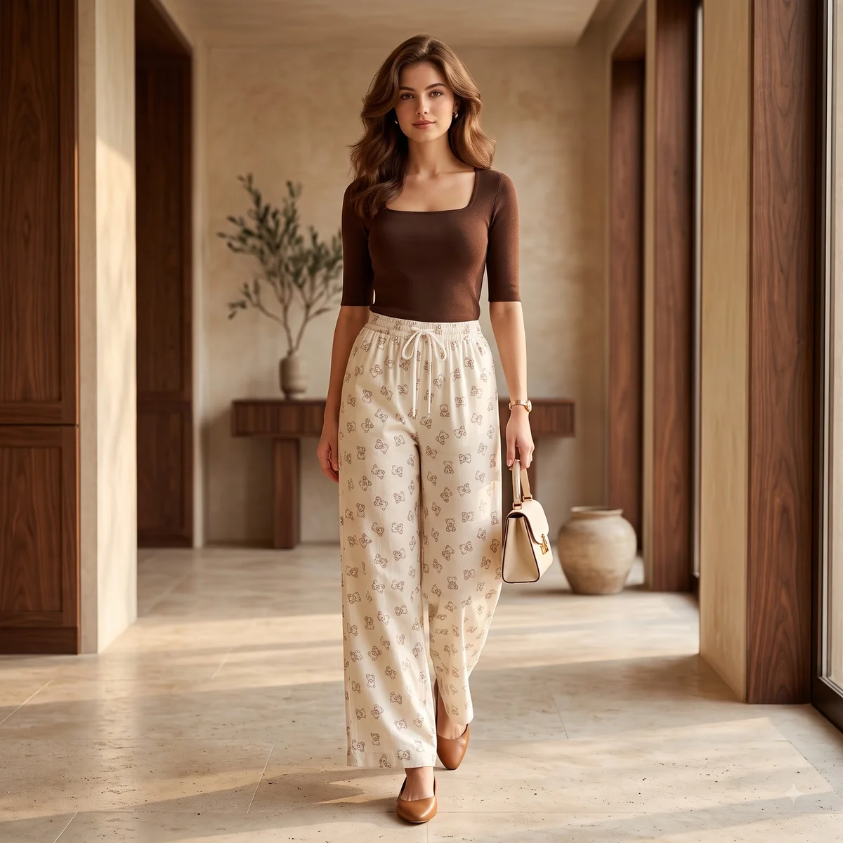 Ivory cream floral palazzo pants paired with a dark sleeveless top indoors