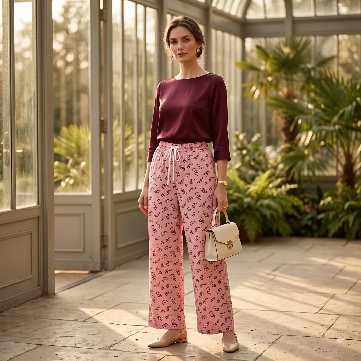 Baby pink printed palazzo pants paired with a burgundy top among trees