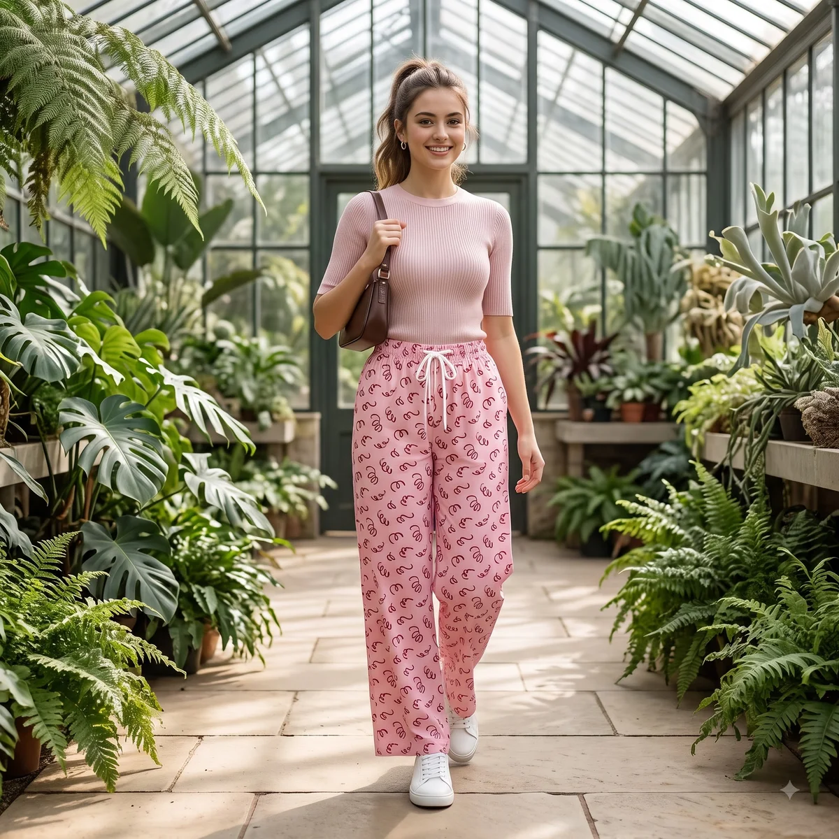 Baby pink script print palazzo pants styled with a light top in a glasshouse