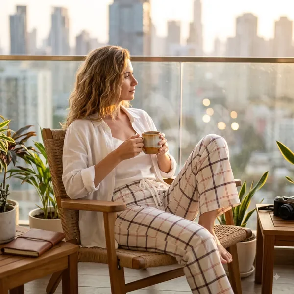 Cream Plaid Wide Leg Trousers For Women 4