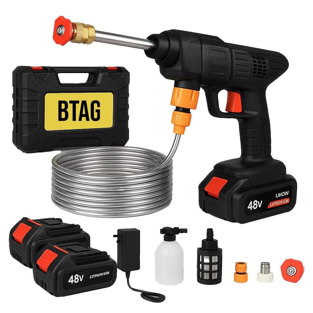 BTAG 48V Cordless Pressure Washer Gun with 2 Rechargeable Batteries, 1750 PSI Portable High Pressre Water Jet Cleaner with Foam Bottle, Long Hose, Multi-Nozzle Set for Car, Bike and home cleaning