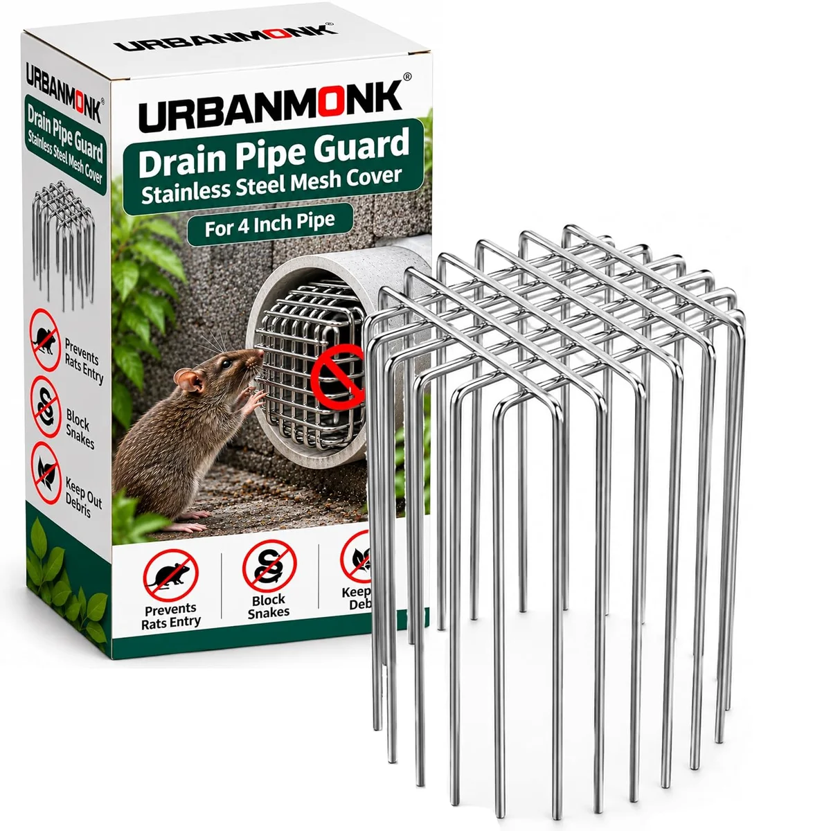 URBANMONK Anti Rat Pipe Guard 6 Inch, Stainless Steel Drain Cover & Rat Blocker, Rust Resistant Wire Mesh Pipe Protector, Universal Drain Strainer for Bathroom, Kitchen, Outdoor & Waste Water Pipes