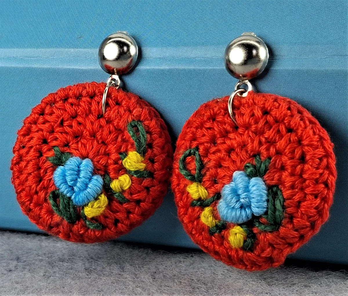 Red Base Embroidered Floral Studs
