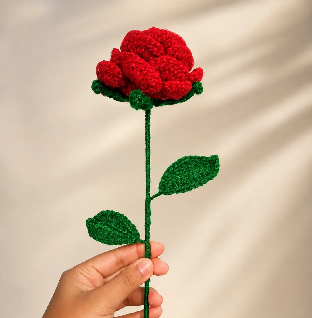 Red Rose with Dual Leaves