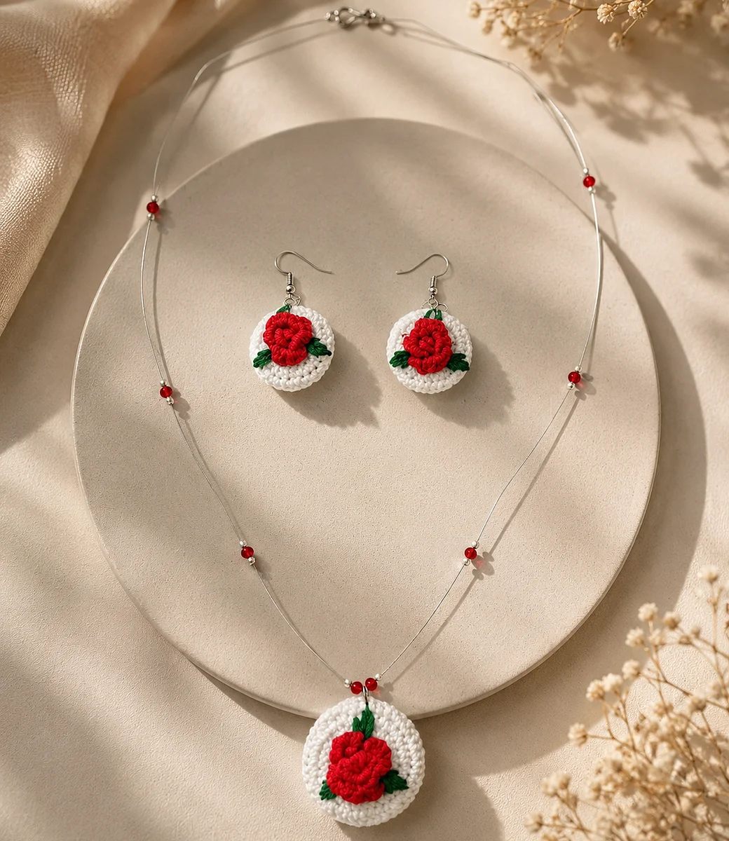 Red Rose Medallion Collar Necklace Set