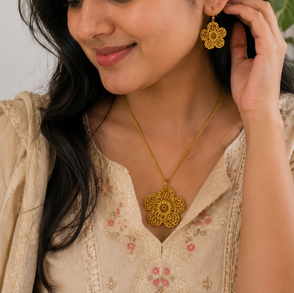Mustard-Gold Floral Blossom Necklace Set