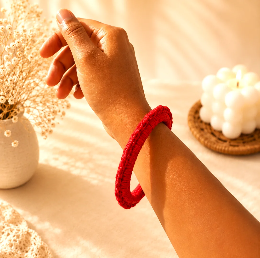 Crimson-Red Braided Ridge Slip-on Bangle