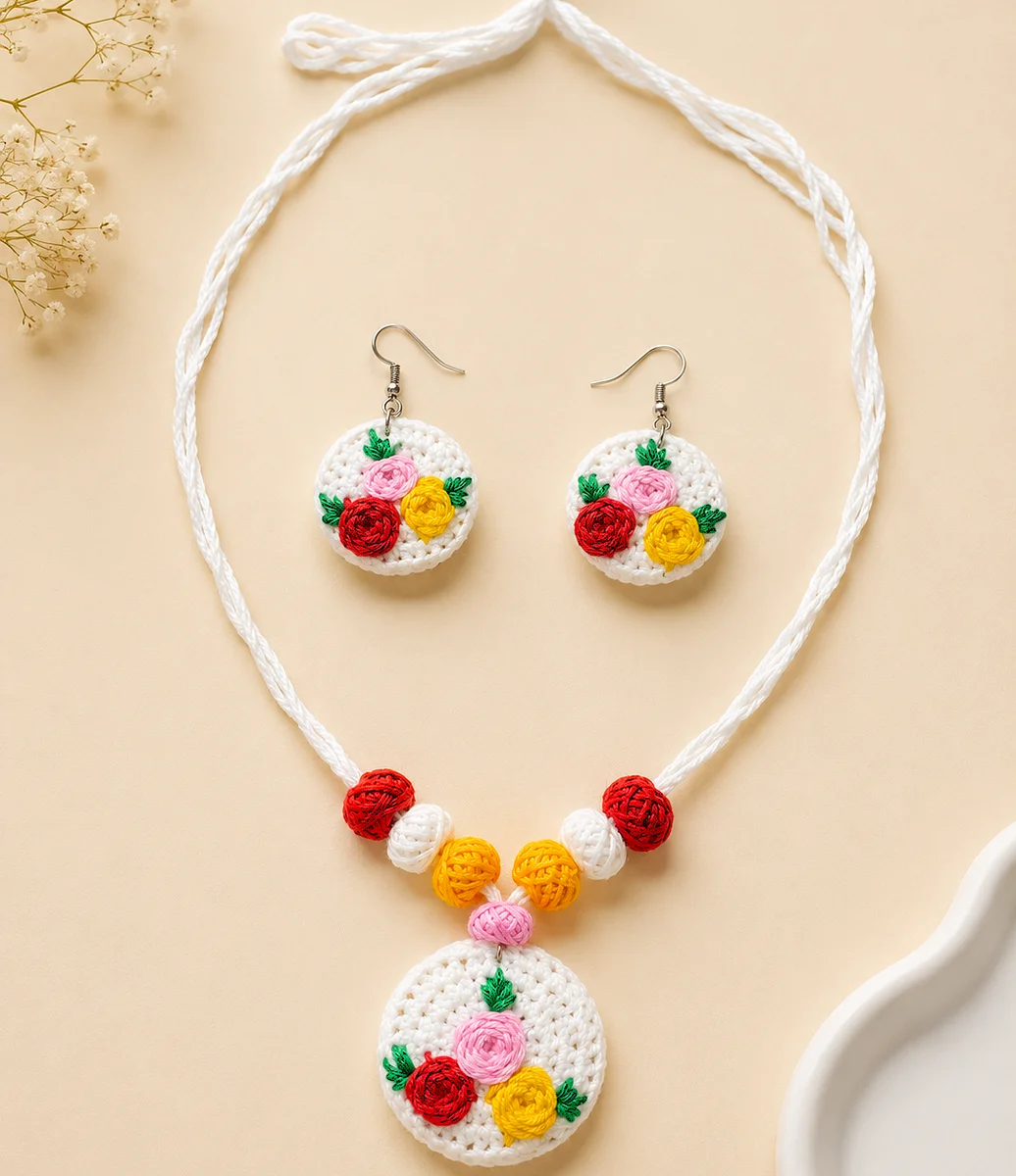 Floral Bouquet over Pink Disc Necklace Set