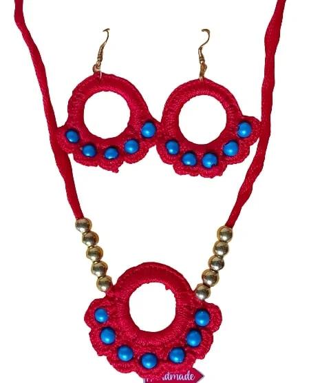 Red Donut Blue Pearl Necklace Set