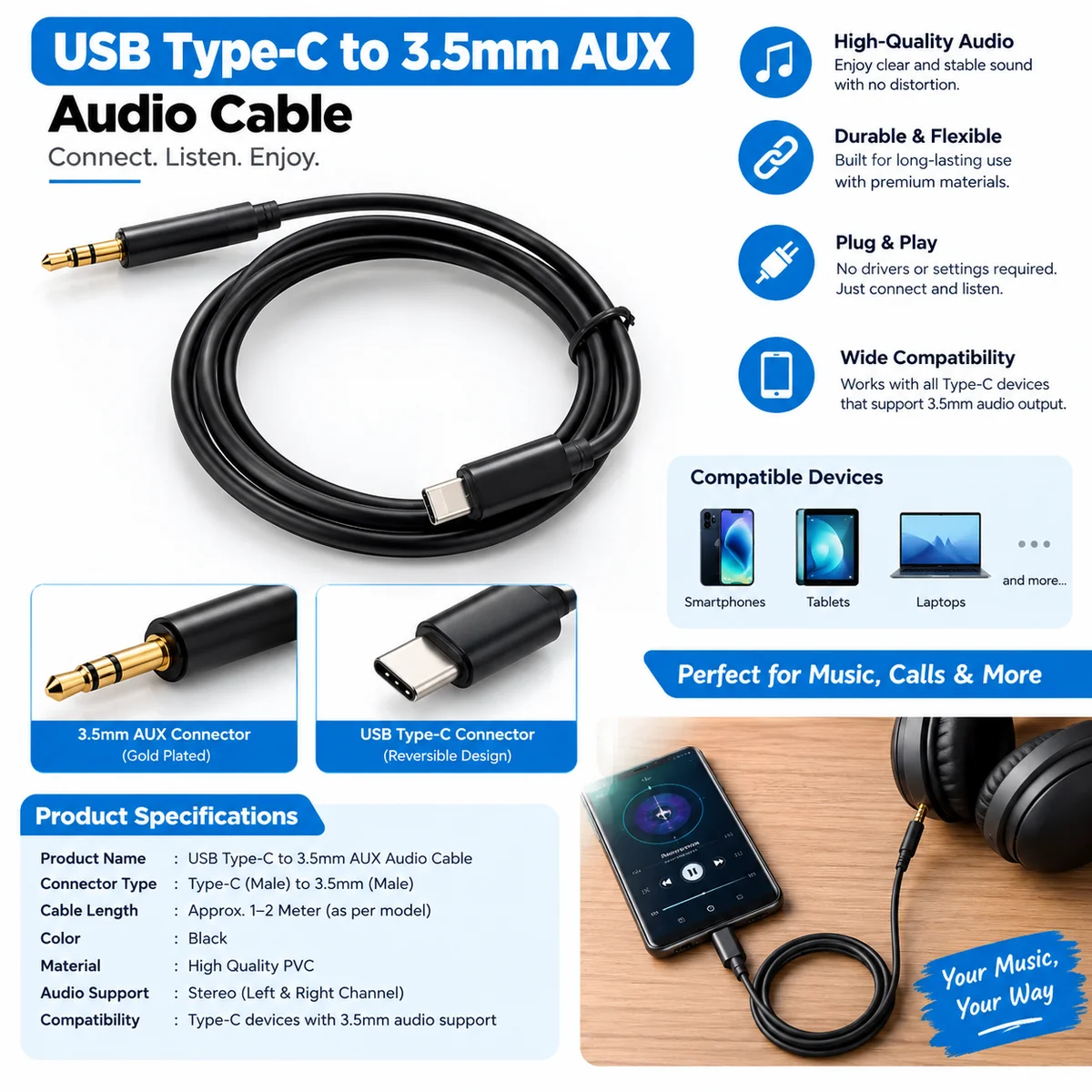 USB Type-C to 3.5mm AUX Audio Cable