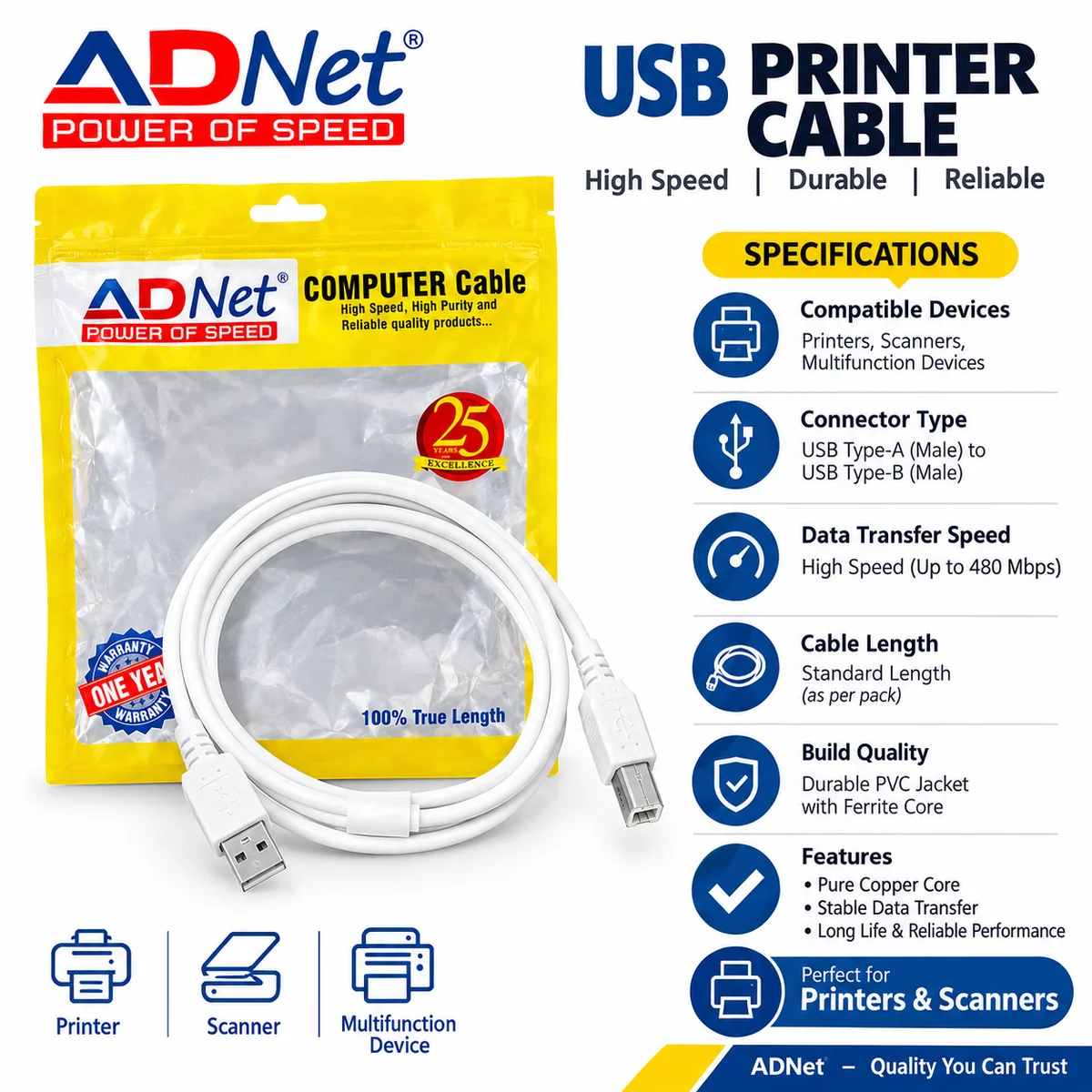 USB Printer Cable – High-Speed Computer Cable