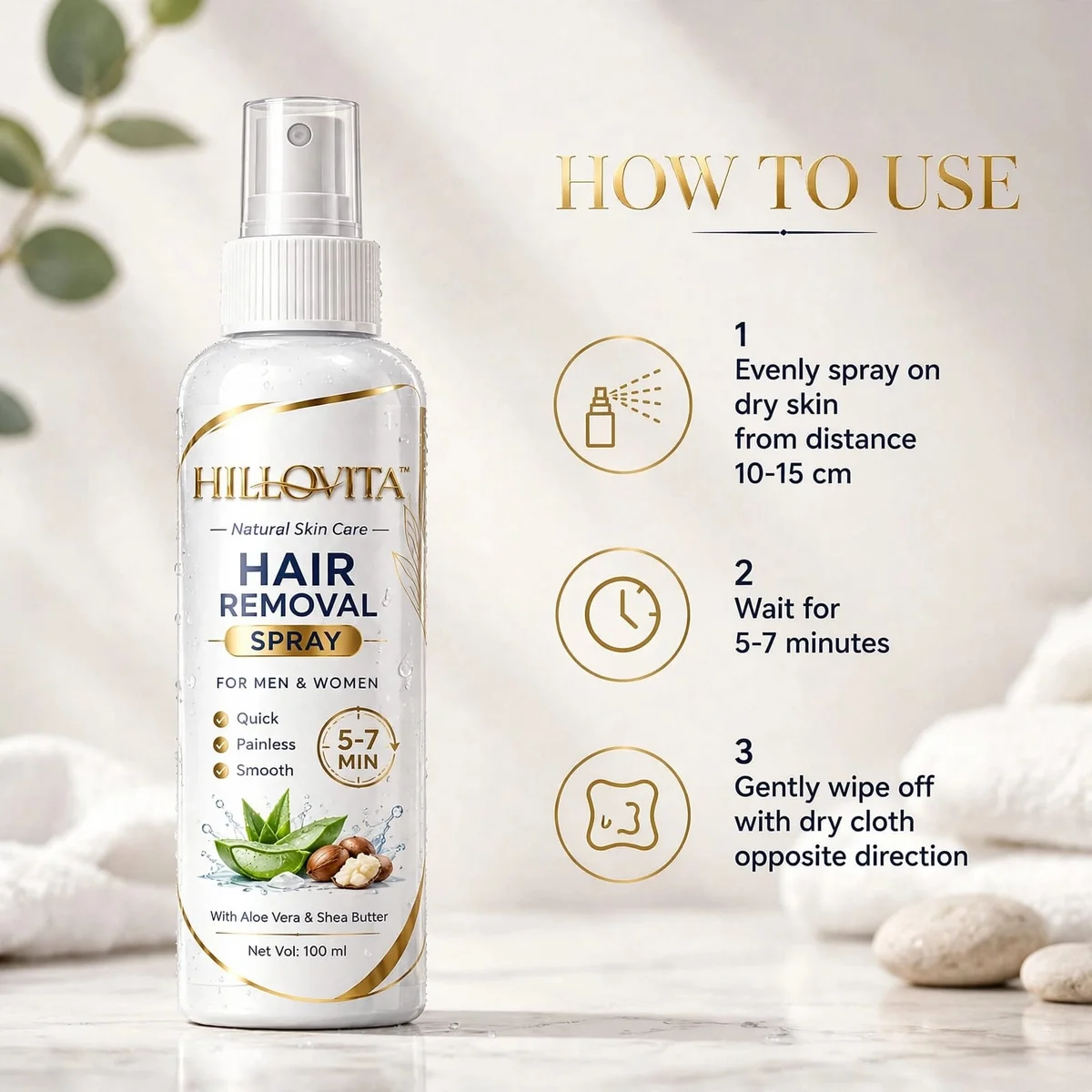 HILLOVITA Hair Removal Spray for Men & Women | Painless & Quick in 5-7 Min | With Aloe Vera & Shea Butter | Smooth Skin, Long Lasting Results | For All Skin Types | 100 ml 4