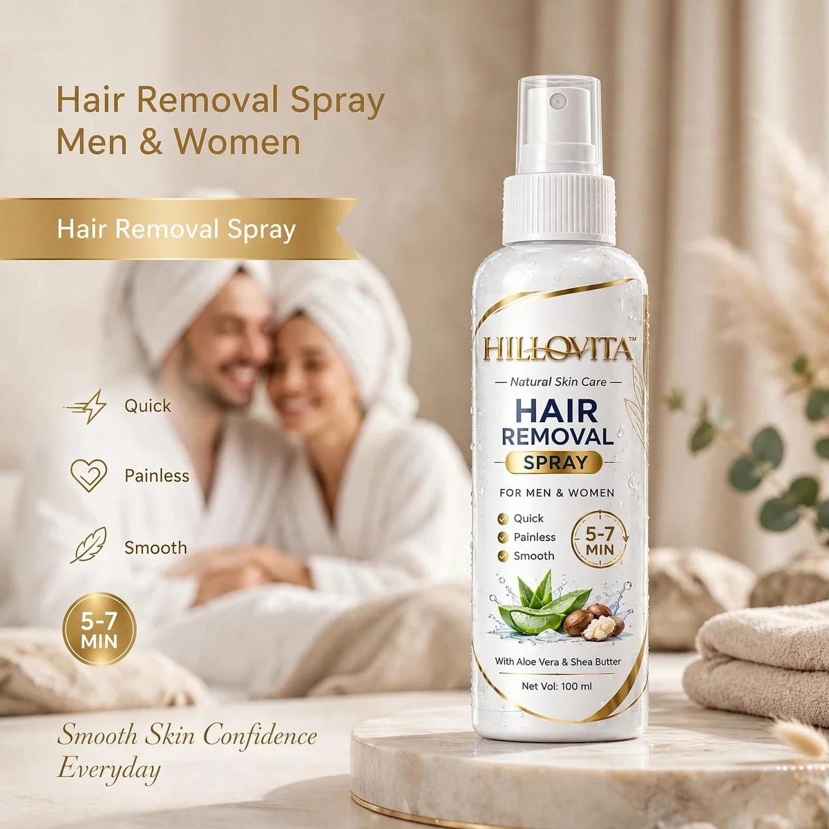 HILLOVITA Hair Removal Spray for Men & Women | Painless & Quick in 5-7 Min | With Aloe Vera & Shea Butter | Smooth Skin, Long Lasting Results | For All Skin Types | 100 ml 6