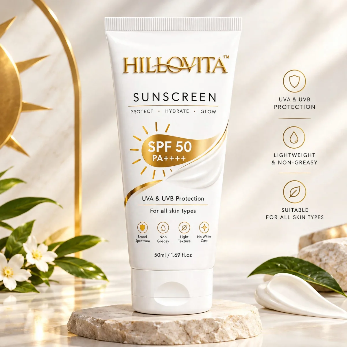 HILLOVITA Sunscreen SPF 50 PA++++ | UVA & UVB Protection | Protect, Hydrate & Glow | Lightweight & Non-Greasy | No White Cast | For All Skin Types | 50ml / 1.69 fl.oz