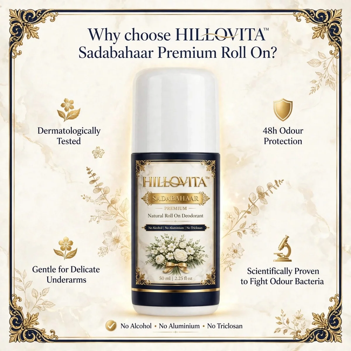 Hillovita Sadabahar Underarm Roll-On - 50ML | Evergreen Fresh Scent | Long Lasting | For Men & Women 3