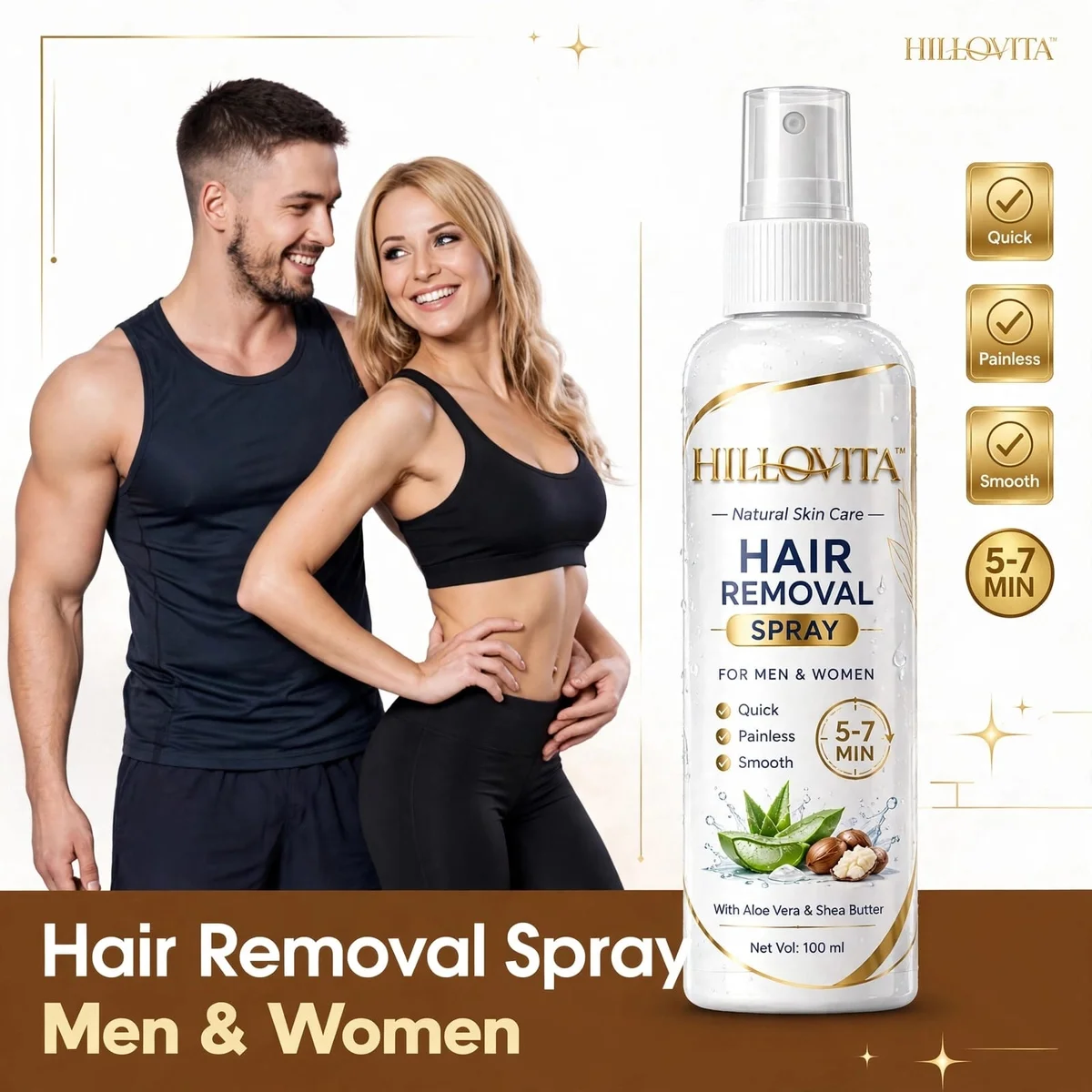 HILLOVITA Hair Removal Spray for Men & Women | Painless & Quick in 5-7 Min | With Aloe Vera & Shea Butter | Smooth Skin, Long Lasting Results | For All Skin Types | 100 ml 5