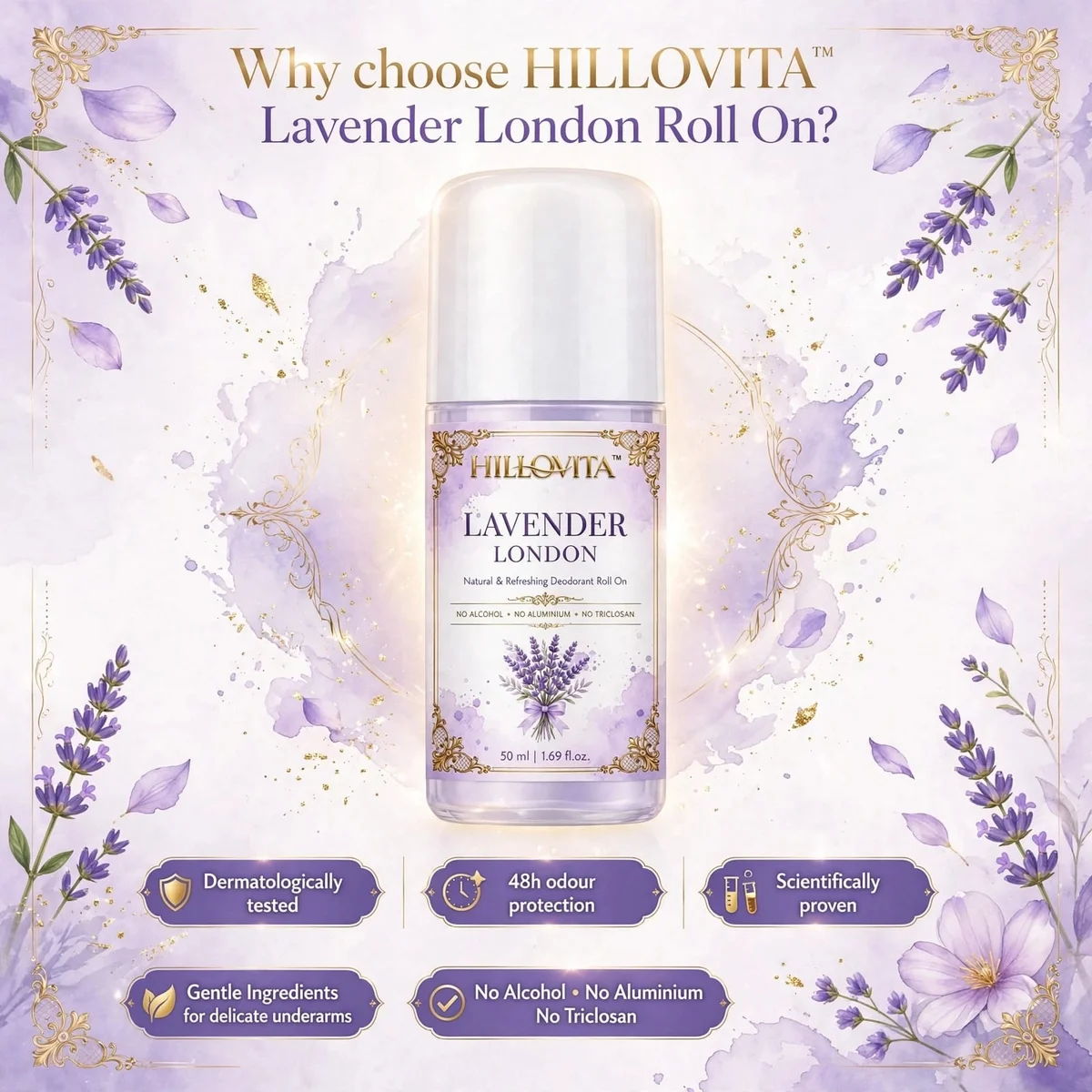 Hillovita Lavender London Natural Roll-On Deodorant - 50ML | Refreshing Lavender Scent | No Alcohol, No Aluminium | For Men & Women 2