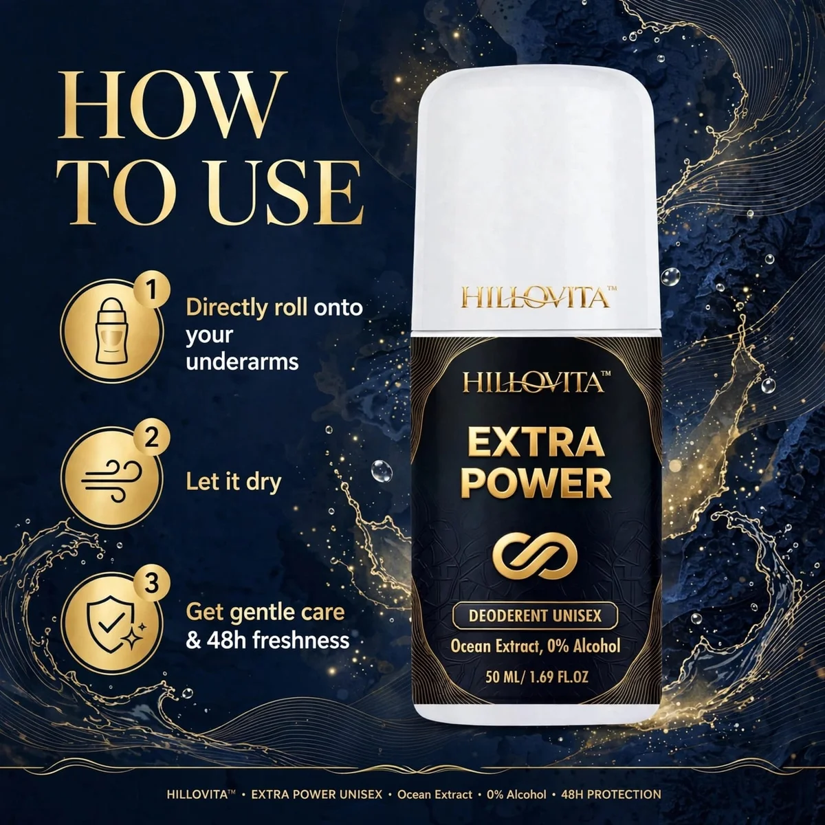 HILLOVITA Extra Power Underarm Roll On - Intense Freshness for Men | 24H Power 2