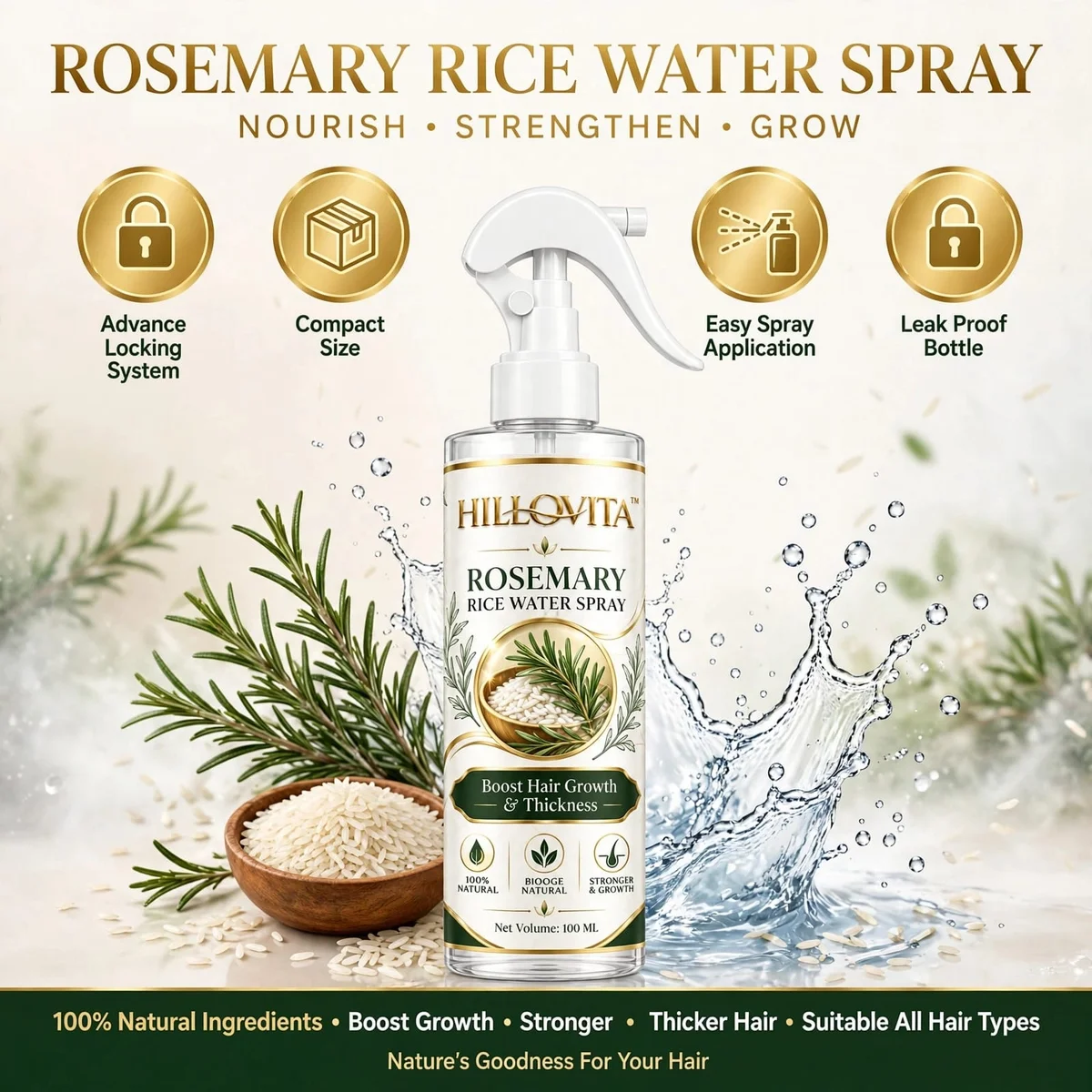 Hillovita Rosemary Rice Water - 100ML | For Hair Growth & Hair Fall Control | With Rosemary & Fermented Rice Water 6