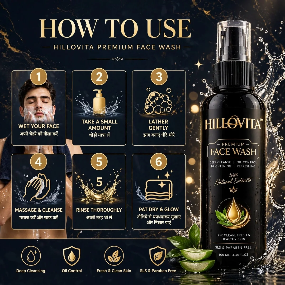 HILLOVITA Premium Face Wash - Deep Cleanse, Oil Control, Brightening & Refreshing | With Natural Extracts | SLS & Paraben Free | For Clean, Fresh & Healthy Skin | 100 ML 3
