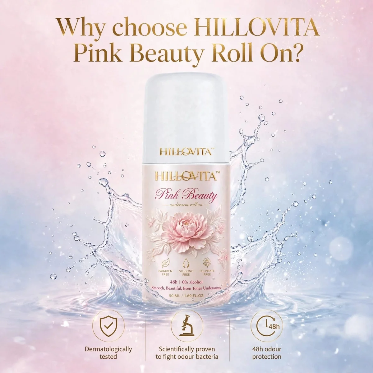 HILLOVITA Pink Beauty Roll On For Women - Soft Floral & Rose Fragrance | 50ml 2