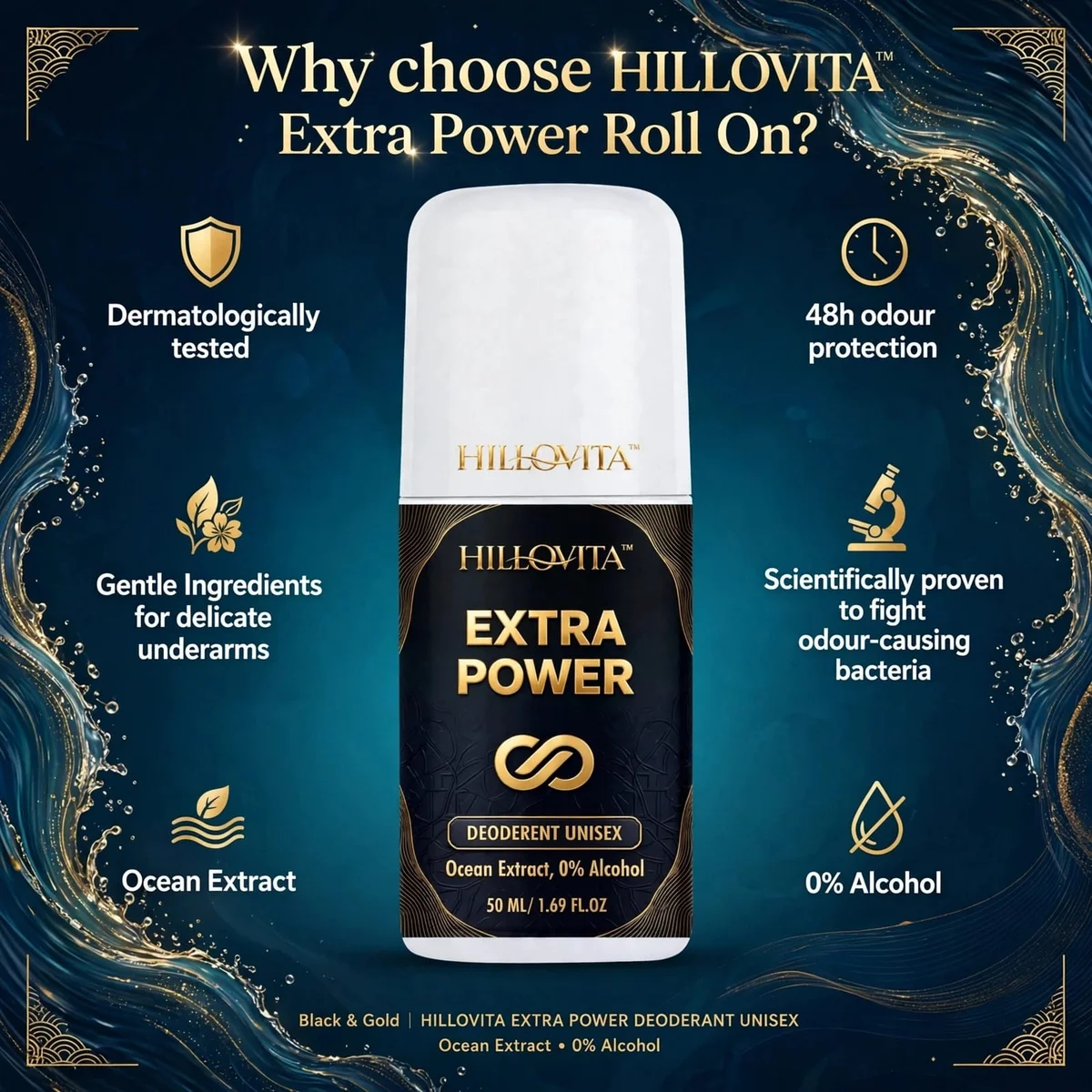 HILLOVITA Extra Power Underarm Roll On - Intense Freshness for Men | 24H Power 4