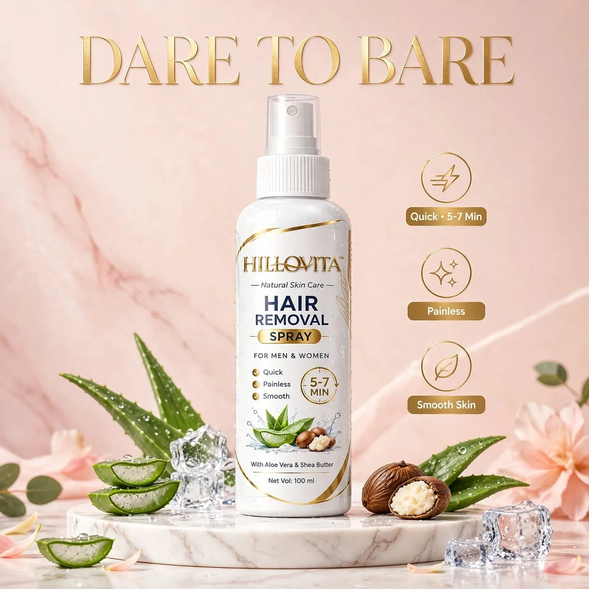 HILLOVITA Hair Removal Spray for Men & Women | Painless & Quick in 5-7 Min | With Aloe Vera & Shea Butter | Smooth Skin, Long Lasting Results | For All Skin Types | 100 ml 2