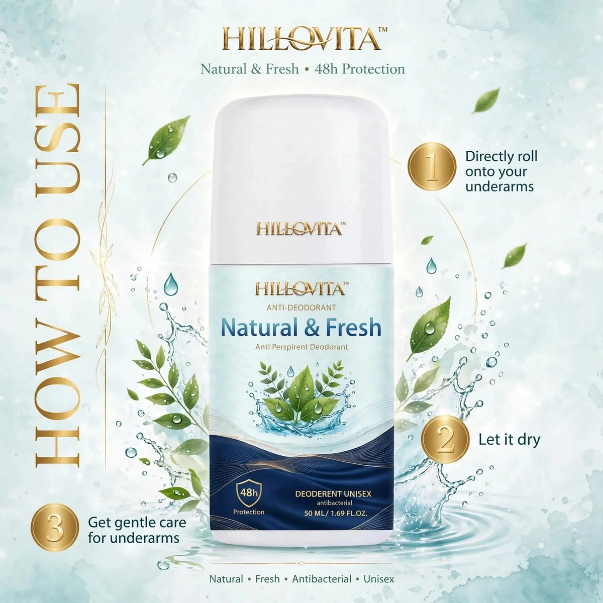 HILLOVITA Natural & Fresh Anti Perspirant Deodorant Roll On - 48h Protection | DEODERENT UNISEX Antibacterial | 0% Alcohol | 50 ML 2