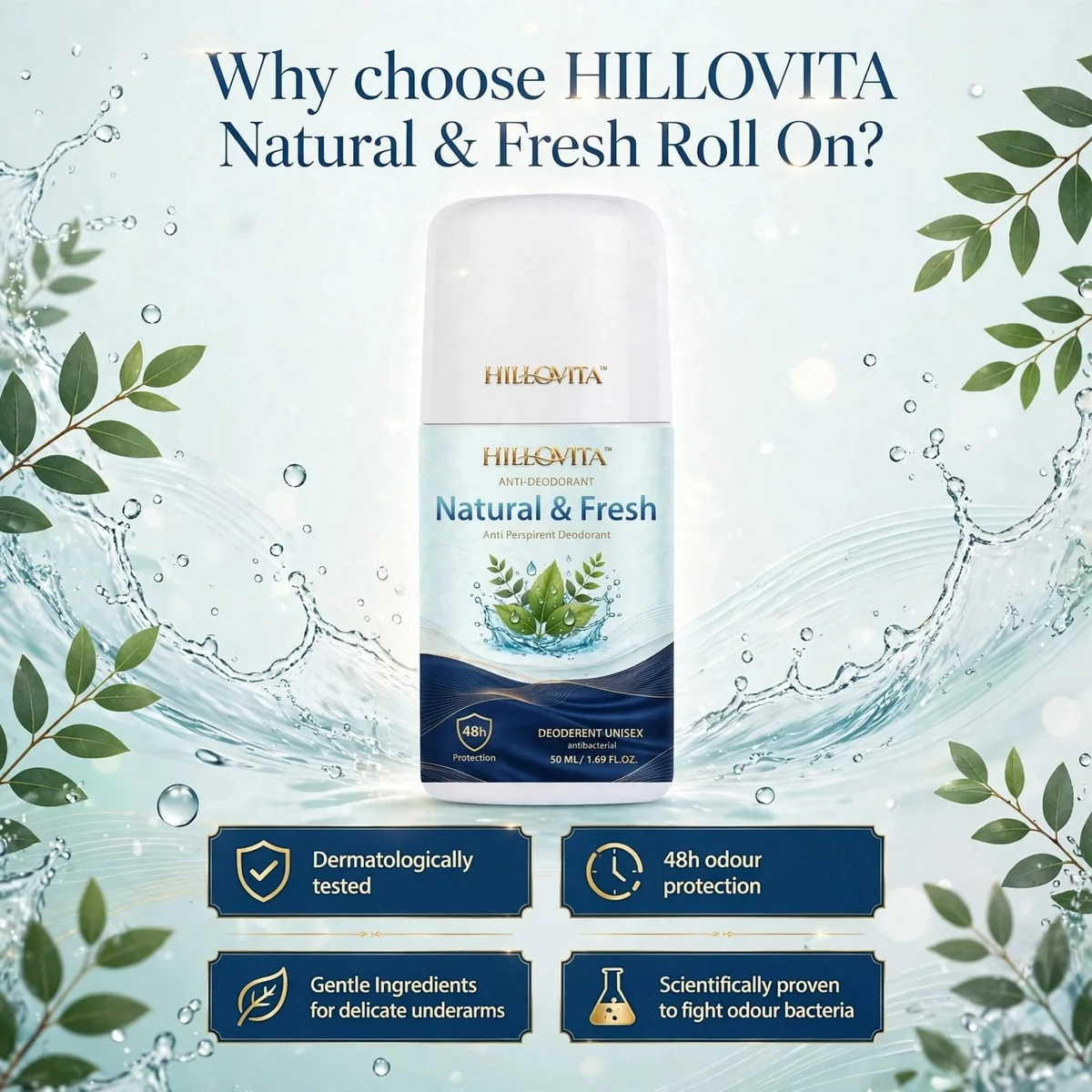 HILLOVITA Natural & Fresh Anti Perspirant Deodorant Roll On - 48h Protection | DEODERENT UNISEX Antibacterial | 0% Alcohol | 50 ML 4