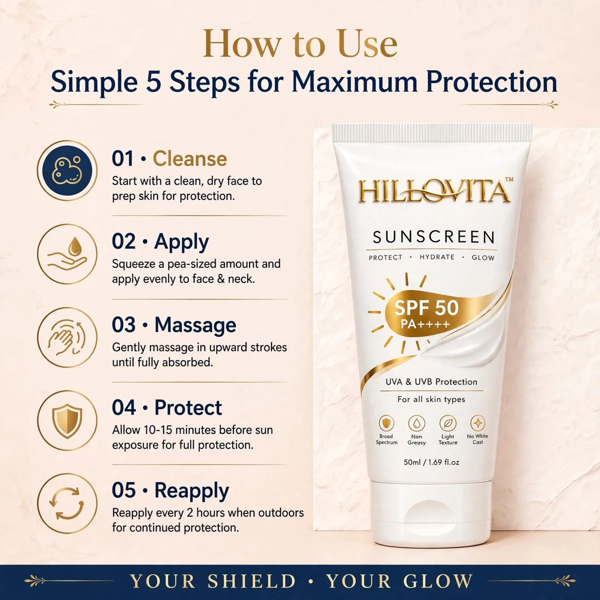 HILLOVITA Sunscreen SPF 50 PA++++ | UVA & UVB Protection | Protect, Hydrate & Glow | Lightweight & Non-Greasy | No White Cast | For All Skin Types | 50ml / 1.69 fl.oz 2