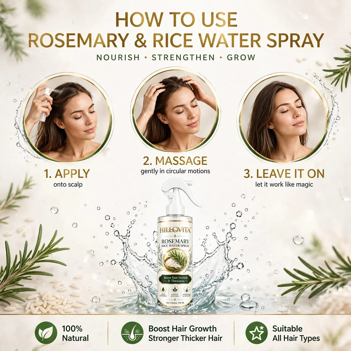 Hillovita Rosemary Rice Water - 100ML | For Hair Growth & Hair Fall Control | With Rosemary & Fermented Rice Water 5